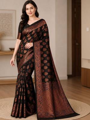 black woven design zari art silk blend banarasi saree 1