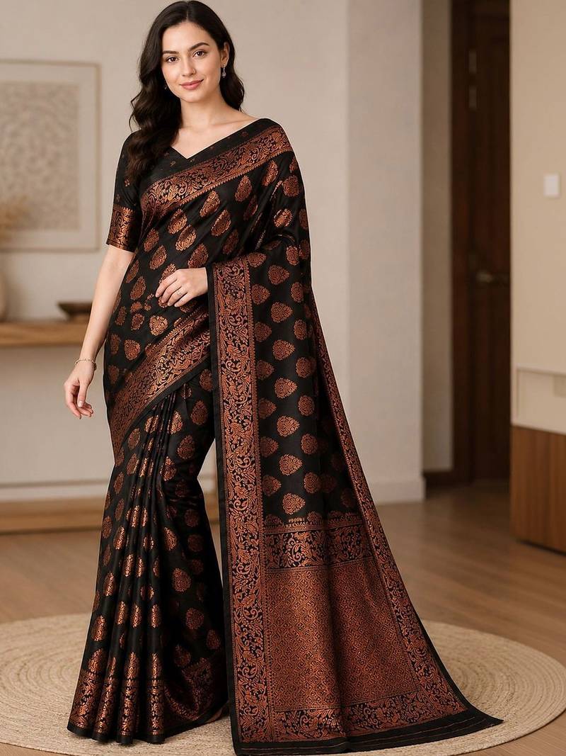 black woven design zari art silk blend banarasi saree