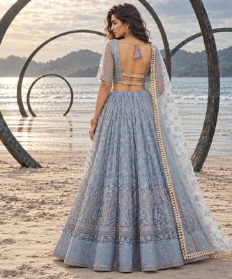 LIGHT LAVENDER NET THREAD WITH ZARI AND SEQUINCE WORK FESTIVE LEHENGA CHOLI SET FOR WOMEN'S 2