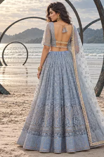 LIGHT LAVENDER NET THREAD WITH ZARI AND SEQUINCE WORK FESTIVE LEHENGA CHOLI SET FOR WOMEN'S