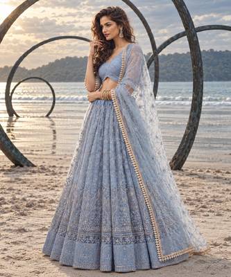 LIGHT LAVENDER NET THREAD WITH ZARI AND SEQUINCE WORK FESTIVE LEHENGA CHOLI SET FOR WOMEN'S 3