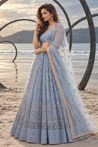 LIGHT LAVENDER NET THREAD WITH ZARI AND SEQUINCE WORK FESTIVE LEHENGA CHOLI SET FOR WOMEN'S