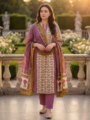 Purple pure cotton printed kurta trouser dupatta set 4