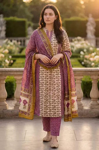 Purple pure cotton printed kurta trouser dupatta set