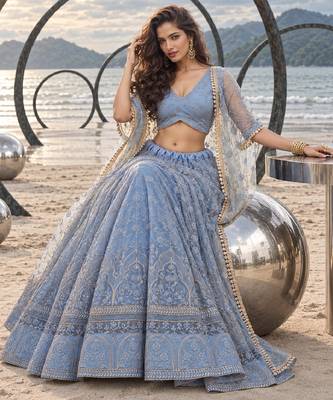 LIGHT LAVENDER NET THREAD WITH ZARI AND SEQUINCE WORK FESTIVE LEHENGA CHOLI SET FOR WOMEN'S 4