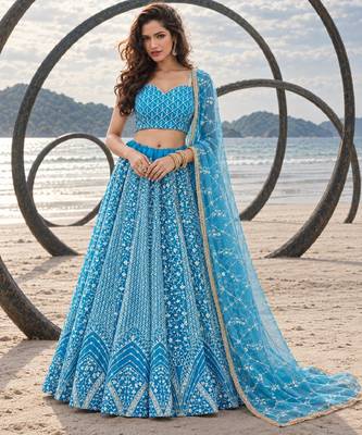 SKY BLUE NET THREAD WITH ZARI AND SEQUINCE WORK FESTIVE LEHENGA CHOLI SET FOR WOMEN'S 1