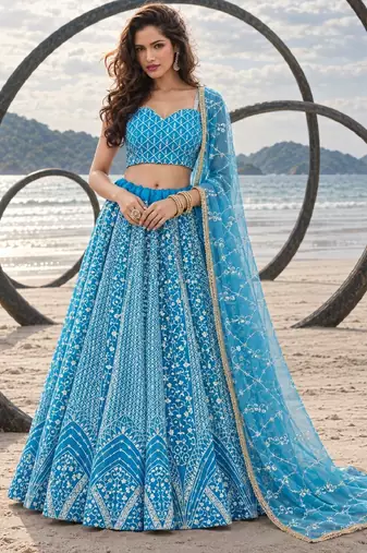 SKY BLUE NET THREAD WITH ZARI AND SEQUINCE WORK FESTIVE LEHENGA CHOLI SET FOR WOMEN'S