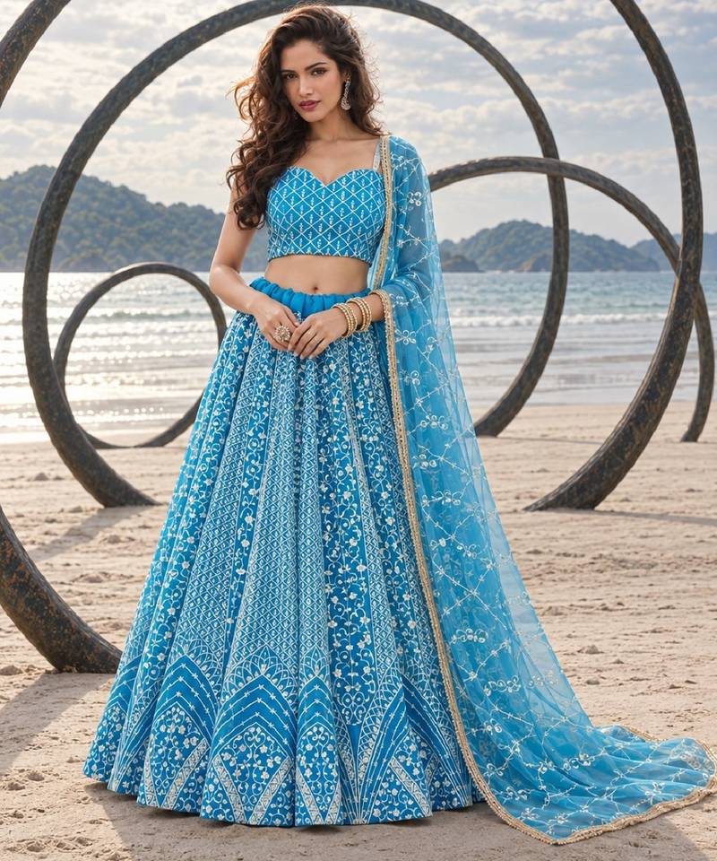 SKY BLUE NET THREAD WITH ZARI AND SEQUINCE WORK FESTIVE LEHENGA CHOLI SET FOR WOMEN'S