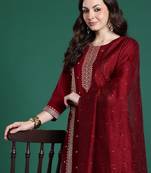 Maroon silk blend embroidered kurta trouser dupatta set
