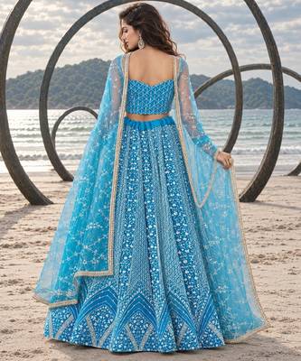 SKY BLUE NET THREAD WITH ZARI AND SEQUINCE WORK FESTIVE LEHENGA CHOLI SET FOR WOMEN'S 2
