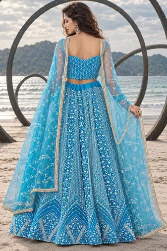 SKY BLUE NET THREAD WITH ZARI AND SEQUINCE WORK FESTIVE LEHENGA CHOLI SET FOR WOMEN'S