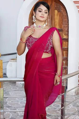 Pink embellished beads and stones studded tissue saree