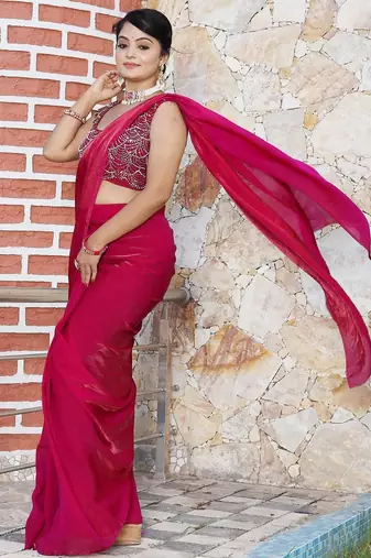 Pink embellished beads and stones studded tissue saree