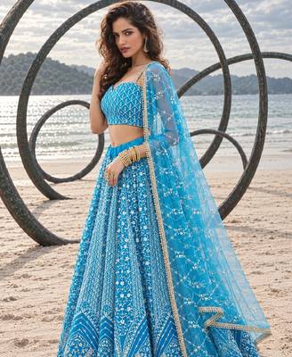 SKY BLUE NET THREAD WITH ZARI AND SEQUINCE WORK FESTIVE LEHENGA CHOLI SET FOR WOMEN'S 3