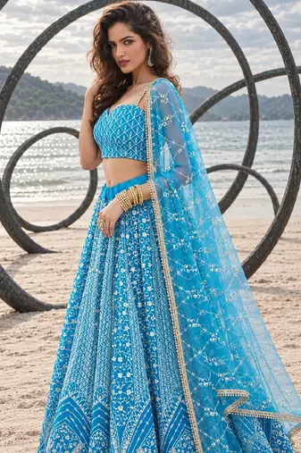 SKY BLUE NET THREAD WITH ZARI AND SEQUINCE WORK FESTIVE LEHENGA CHOLI SET FOR WOMEN'S