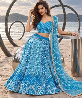SKY BLUE NET THREAD WITH ZARI AND SEQUINCE WORK FESTIVE LEHENGA CHOLI SET FOR WOMEN'S 4