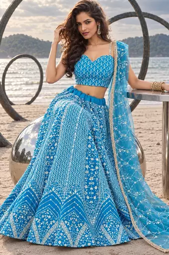 SKY BLUE NET THREAD WITH ZARI AND SEQUINCE WORK FESTIVE LEHENGA CHOLI SET FOR WOMEN'S