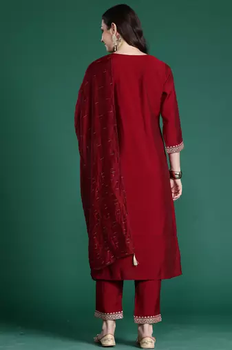 Maroon silk blend embroidered kurta trouser dupatta set
