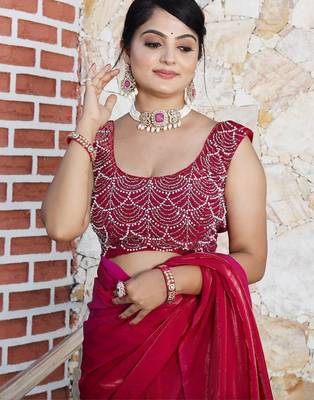 Pink embellished beads and stones studded tissue saree 5