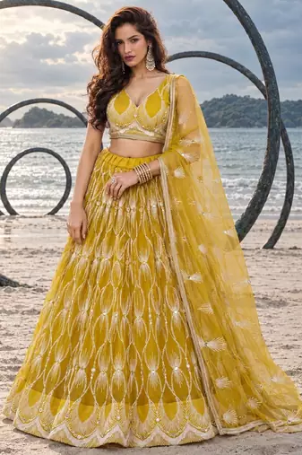 YELLOW NET THREAD WITH ZARI AND SEQUINCE WORK FESTIVE LEHENGA CHOLI SET FOR WOMEN'S