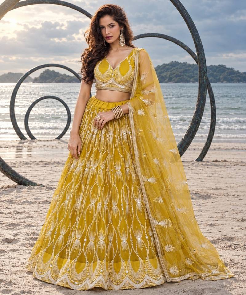 YELLOW NET THREAD WITH ZARI AND SEQUINCE WORK FESTIVE LEHENGA CHOLI SET FOR WOMEN'S