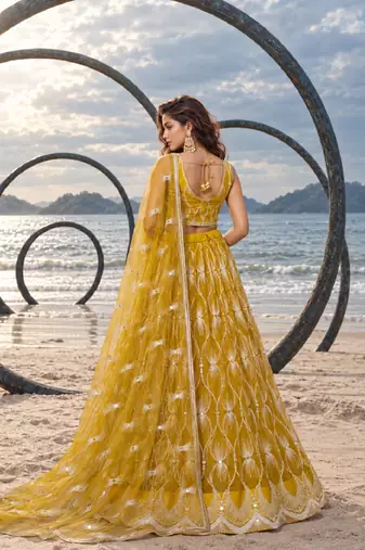 YELLOW NET THREAD WITH ZARI AND SEQUINCE WORK FESTIVE LEHENGA CHOLI SET FOR WOMEN'S