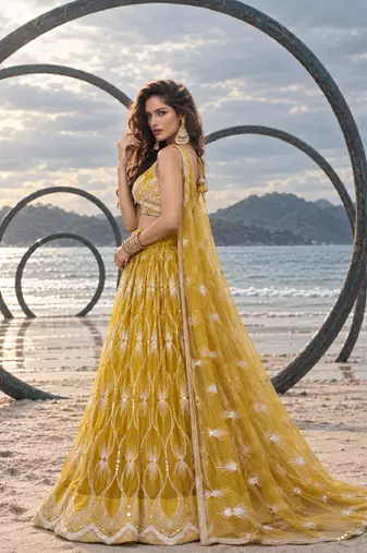YELLOW NET THREAD WITH ZARI AND SEQUINCE WORK FESTIVE LEHENGA CHOLI SET FOR WOMEN'S