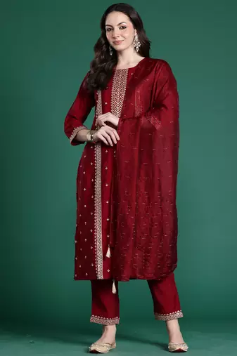 Maroon silk blend embroidered kurta trouser dupatta set