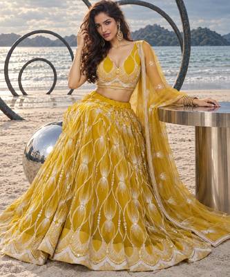 YELLOW NET THREAD WITH ZARI AND SEQUINCE WORK FESTIVE LEHENGA CHOLI SET FOR WOMEN'S 4