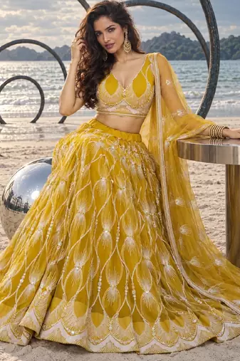 YELLOW NET THREAD WITH ZARI AND SEQUINCE WORK FESTIVE LEHENGA CHOLI SET FOR WOMEN'S
