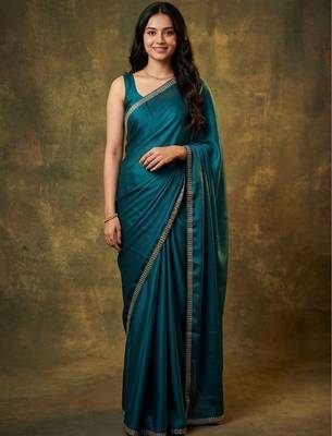teal satin designer saree 1