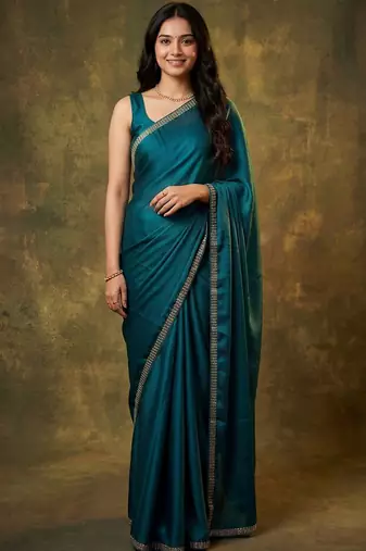 teal satin designer saree