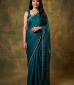 teal satin designer saree