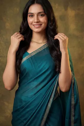 teal satin designer saree