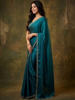 teal satin designer saree 3