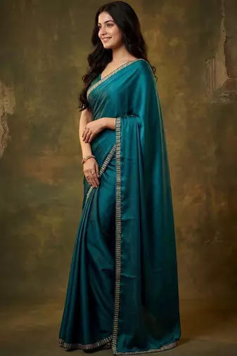 teal satin designer saree