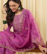 Lavender silk blend embroidered kurta trouser dupatta set