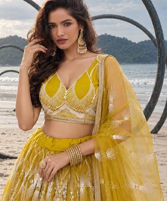 YELLOW NET THREAD WITH ZARI AND SEQUINCE WORK FESTIVE LEHENGA CHOLI SET FOR WOMEN'S 5