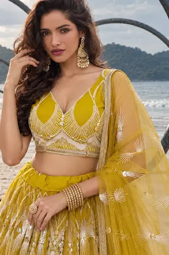YELLOW NET THREAD WITH ZARI AND SEQUINCE WORK FESTIVE LEHENGA CHOLI SET FOR WOMEN'S
