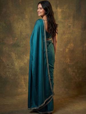 teal satin designer saree 4