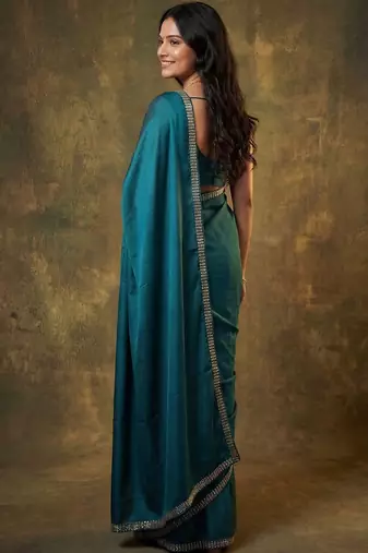 teal satin designer saree