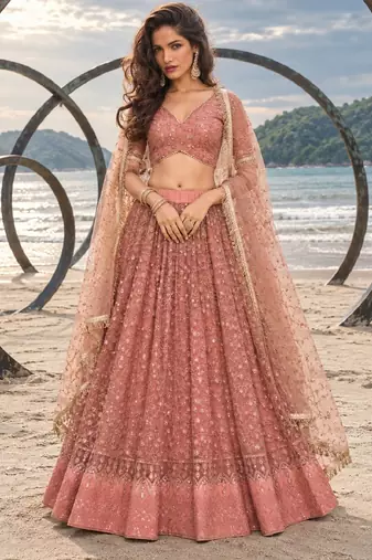 RUST NET THREAD WITH ZARI AND SEQUINCE WORK FESTIVE LEHENGA CHOLI SET FOR WOMEN'S