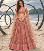 RUST NET THREAD WITH ZARI AND SEQUINCE WORK FESTIVE LEHENGA CHOLI SET FOR WOMEN'S