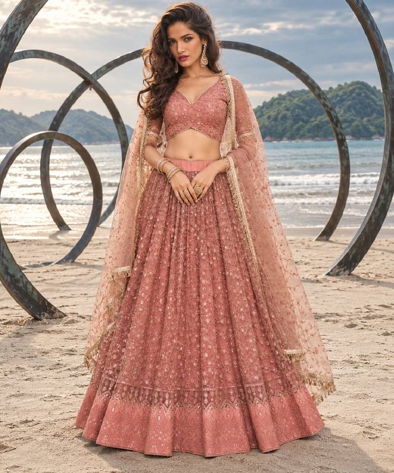 RUST NET THREAD WITH ZARI AND SEQUINCE WORK FESTIVE LEHENGA CHOLI SET FOR WOMEN'S