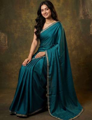 teal satin designer saree 5