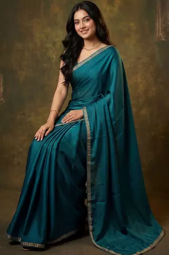 teal satin designer saree