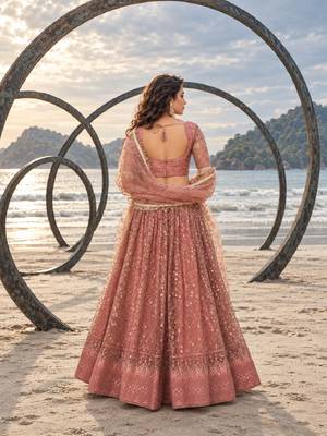 RUST NET THREAD WITH ZARI AND SEQUINCE WORK FESTIVE LEHENGA CHOLI SET FOR WOMEN'S 2