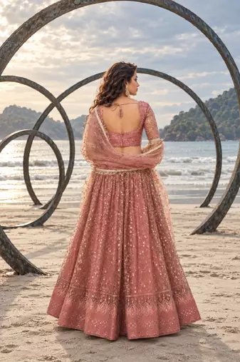 RUST NET THREAD WITH ZARI AND SEQUINCE WORK FESTIVE LEHENGA CHOLI SET FOR WOMEN'S