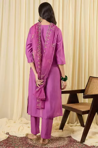 Lavender silk blend embroidered kurta trouser dupatta set
