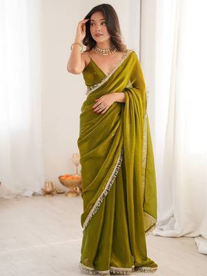 olive beads and stones satin saree 1